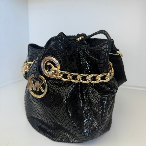 MICHAEL Michael Kors Snakeskin Patent Leather Shoulder Bag Black Gold Chain Glam - Picture 11 of 14